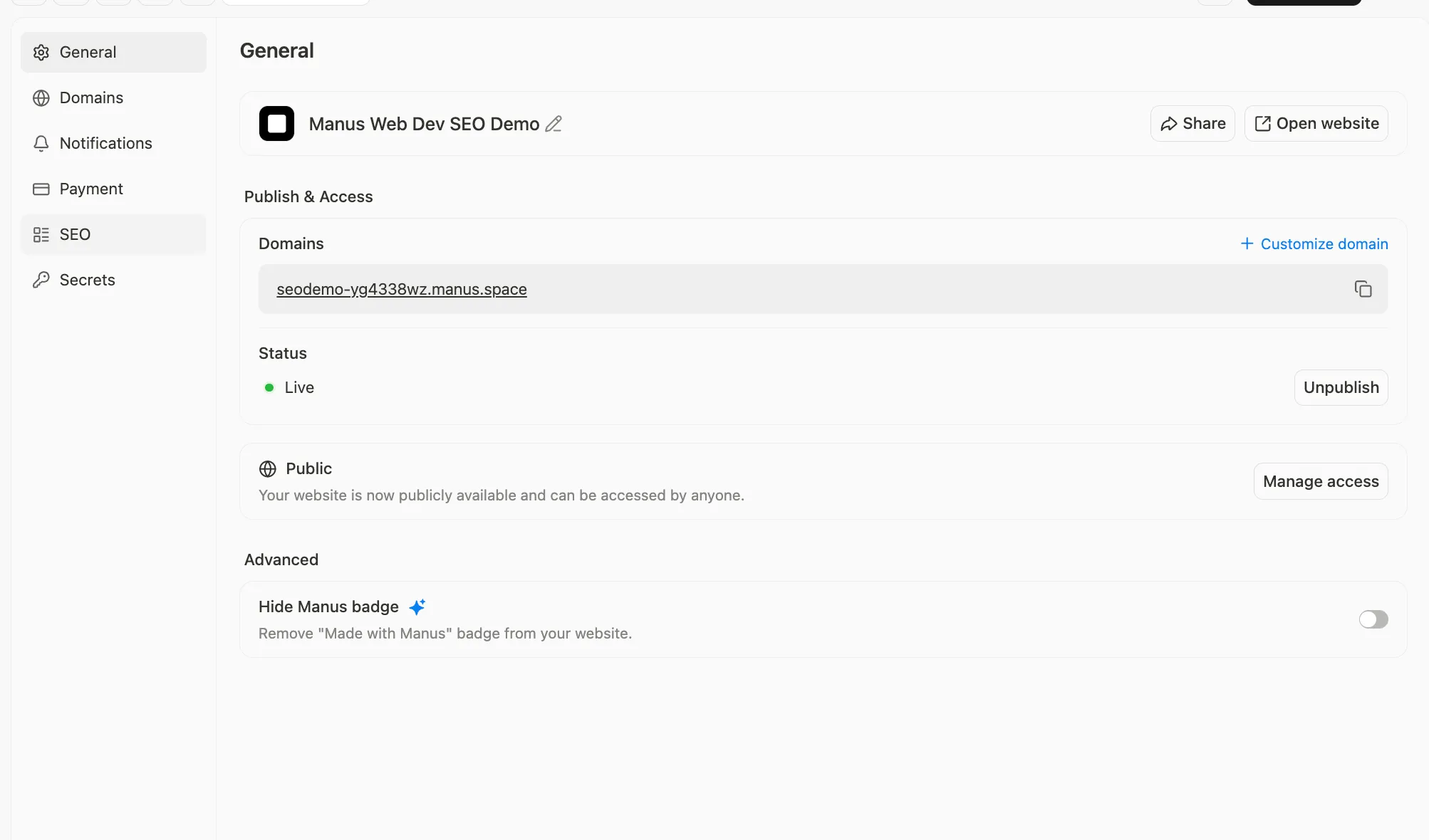 Enable SEO in Settings