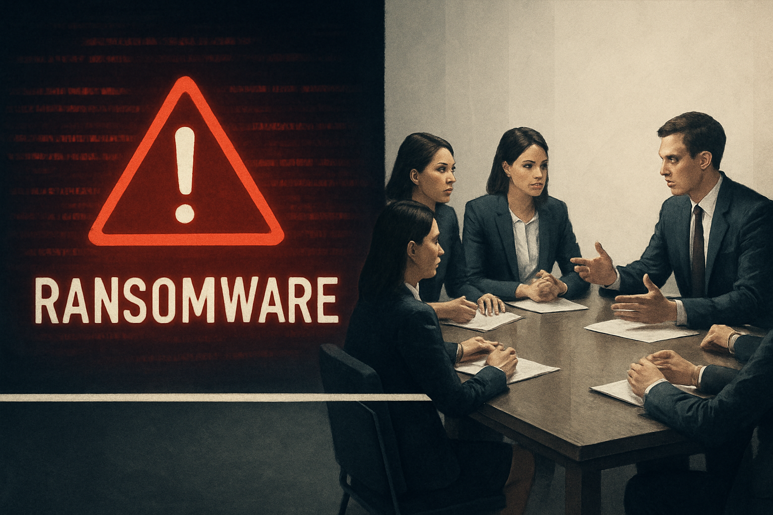 ランサムウェアの警告画面と、真剣に議論する経営層のイメージ。サイバー危機が経営判断の場に直結している様子を表現。