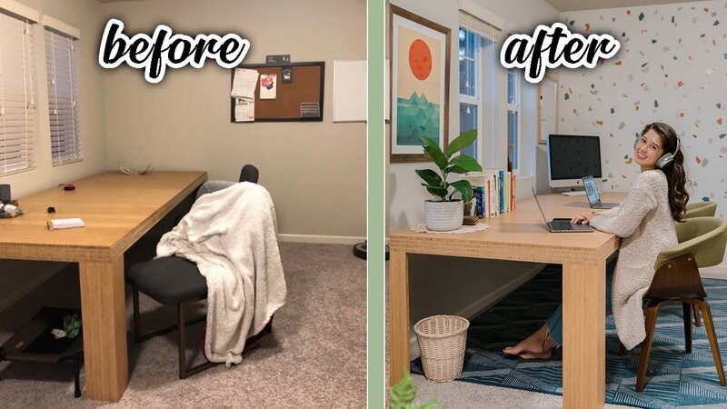 Before and after transformation of a cluttered corner desk becoming an organized, minimalist workspace with clean lines and efficient storage solutions