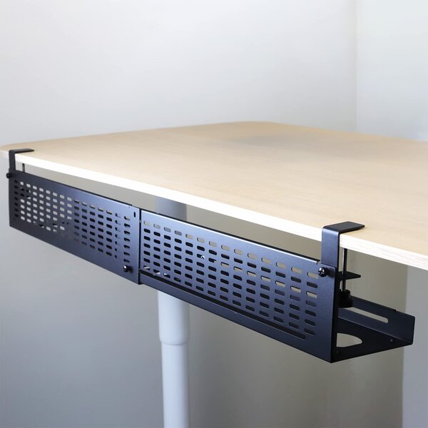 Under-desk cable management system with organized power strips and cord organization solutions for clean workspace