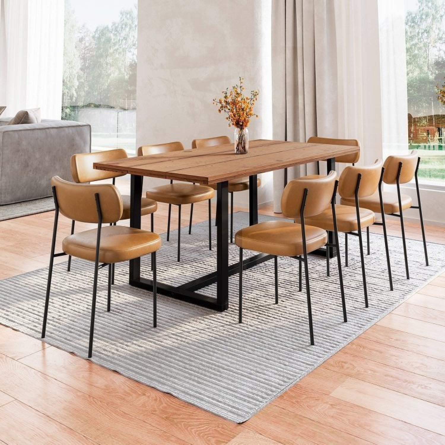 Mesa de jantar com tampo de mármore em um ambiente moderno