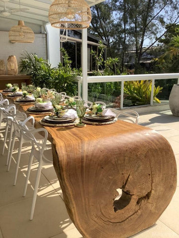 Mesa de jantar rustica madeira maciça integrada decoração