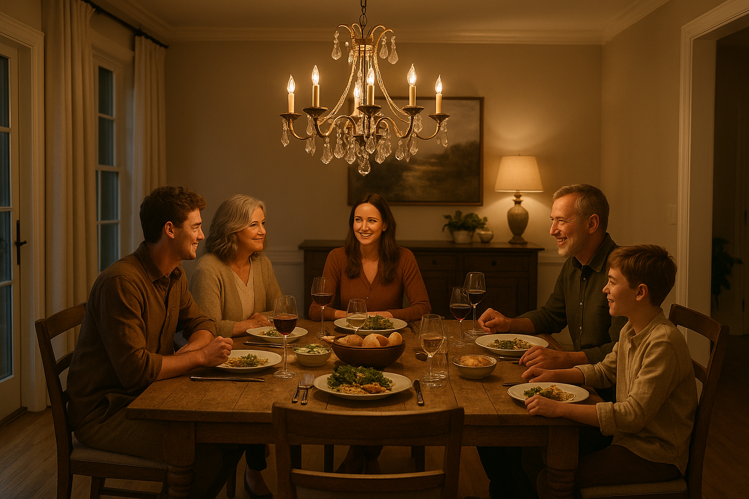 Família feliz jantando em uma mesa de madeira bem iluminada por um lustre clássico
