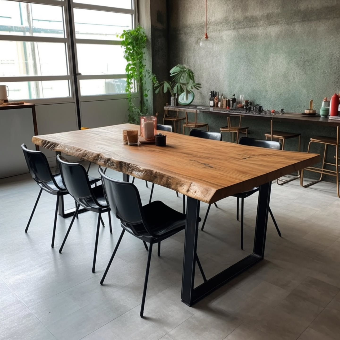 Mesa de jantar com cadeiras pretas em ambiente moderno