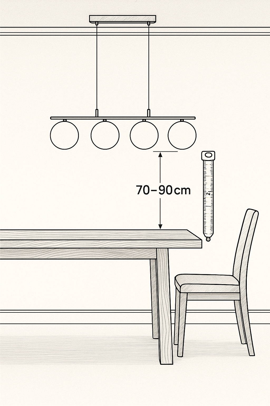 Ilustração técnica mostrando a distância ideal de 70-90cm entre o lustre e a mesa de jantar