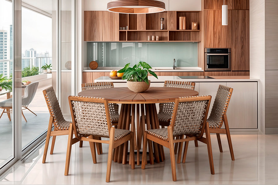 Sala de jantar com mesa de madeira redonda e cadeiras de palha em ambiente integrado