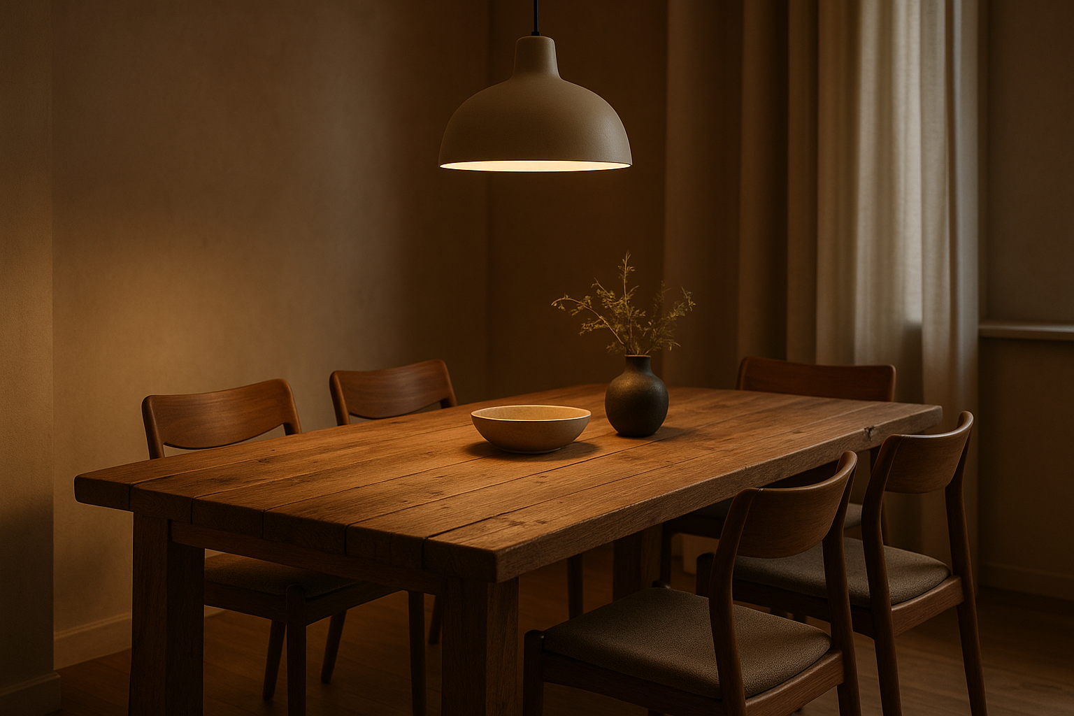 Mesa de jantar de madeira rústica com lustre pendente elegante em altura ideal
