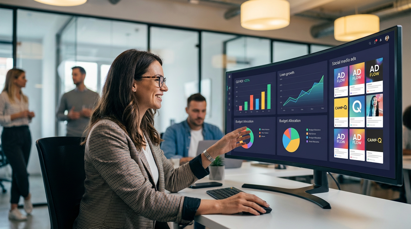 A marketing professional analyzing AI-optimized advertising campaign dashboards with ROI metrics