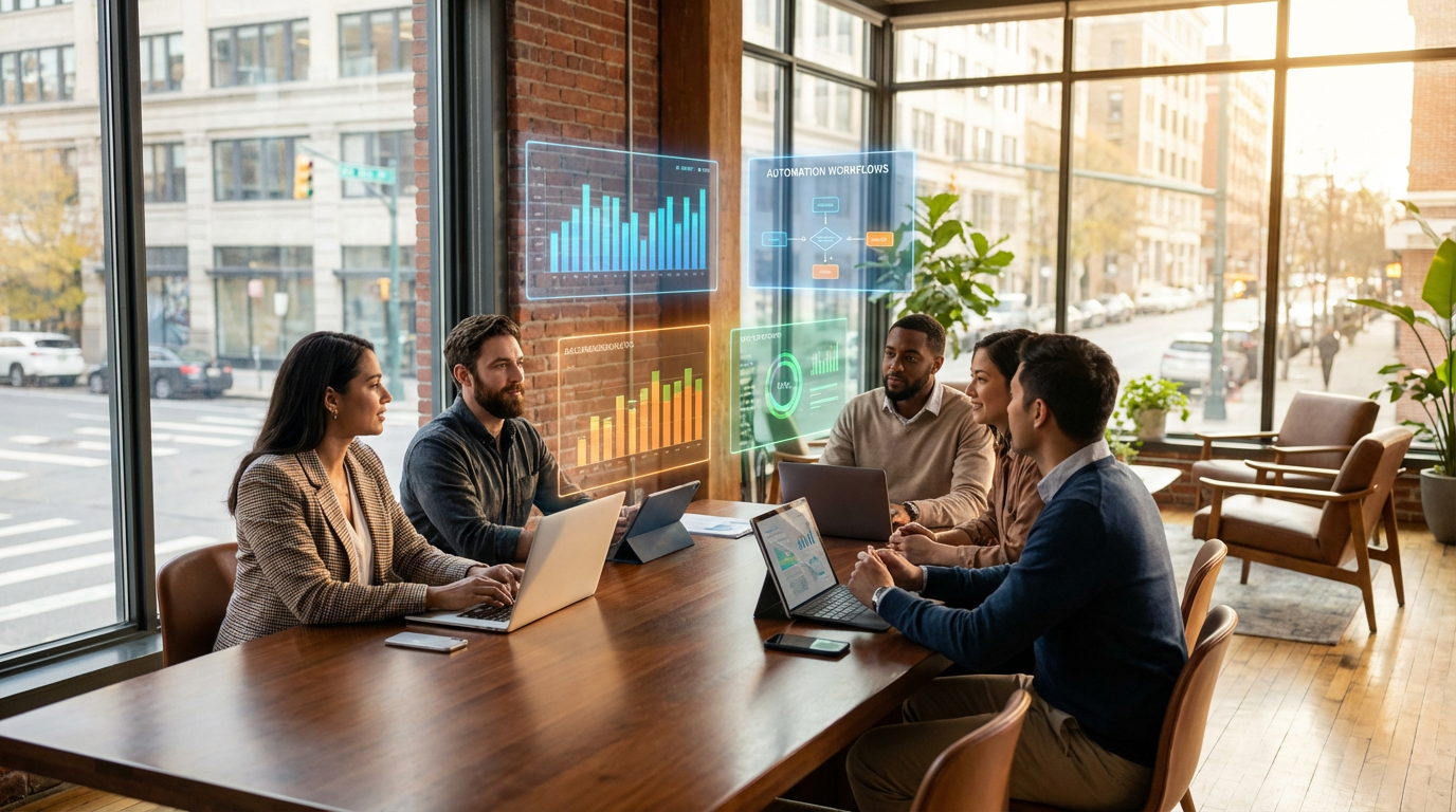 A diverse team of small business professionals collaborating with AI technology in a modern office