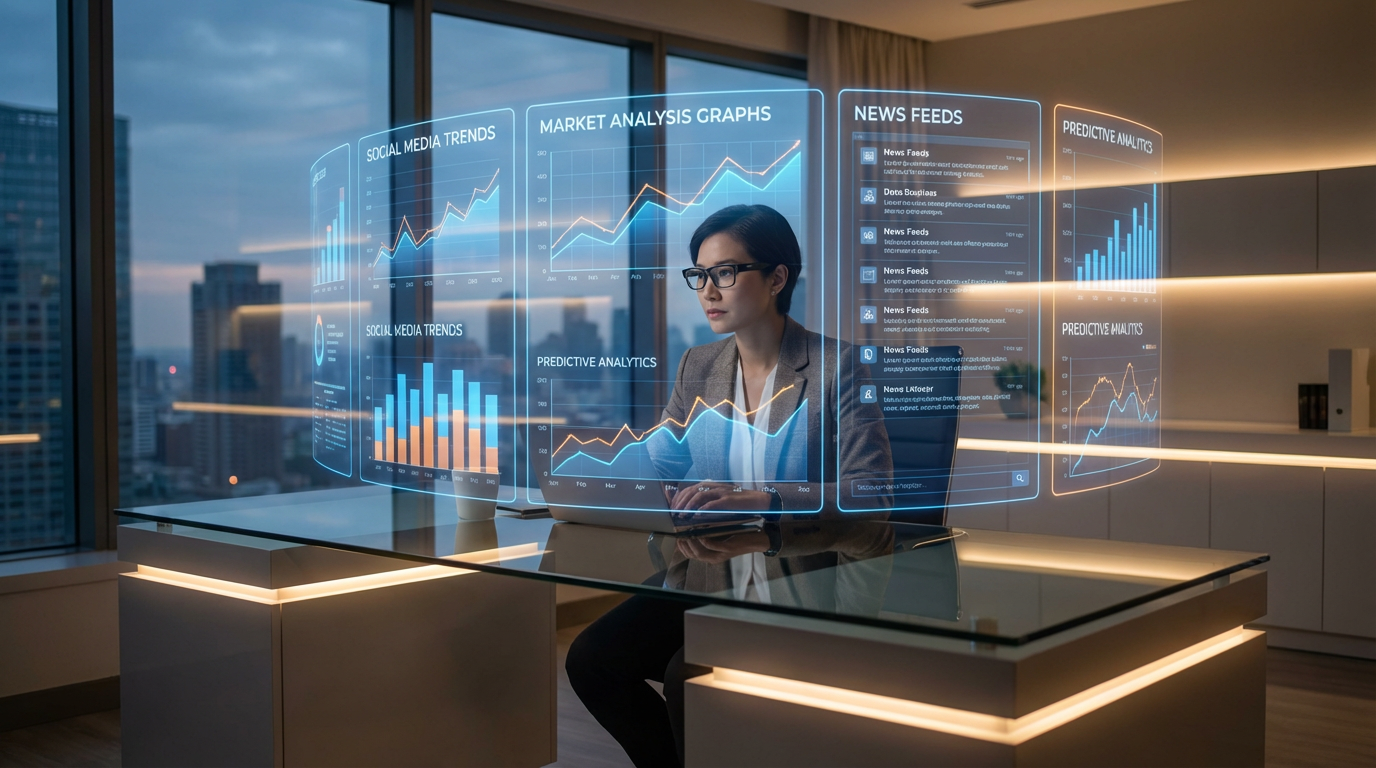 A business strategist analyzing AI-powered trend analysis dashboards showing market insights