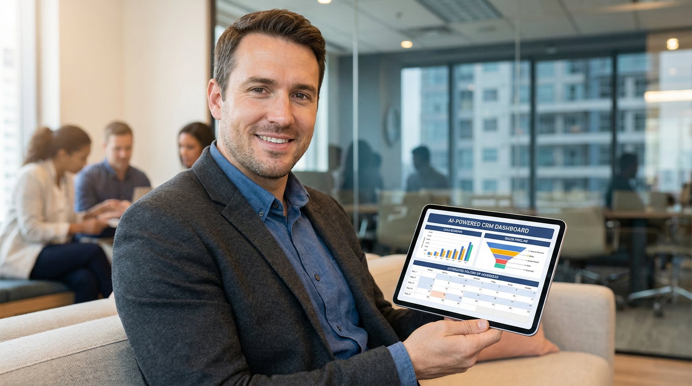 A confident sales professional reviewing an AI-powered CRM dashboard on a tablet