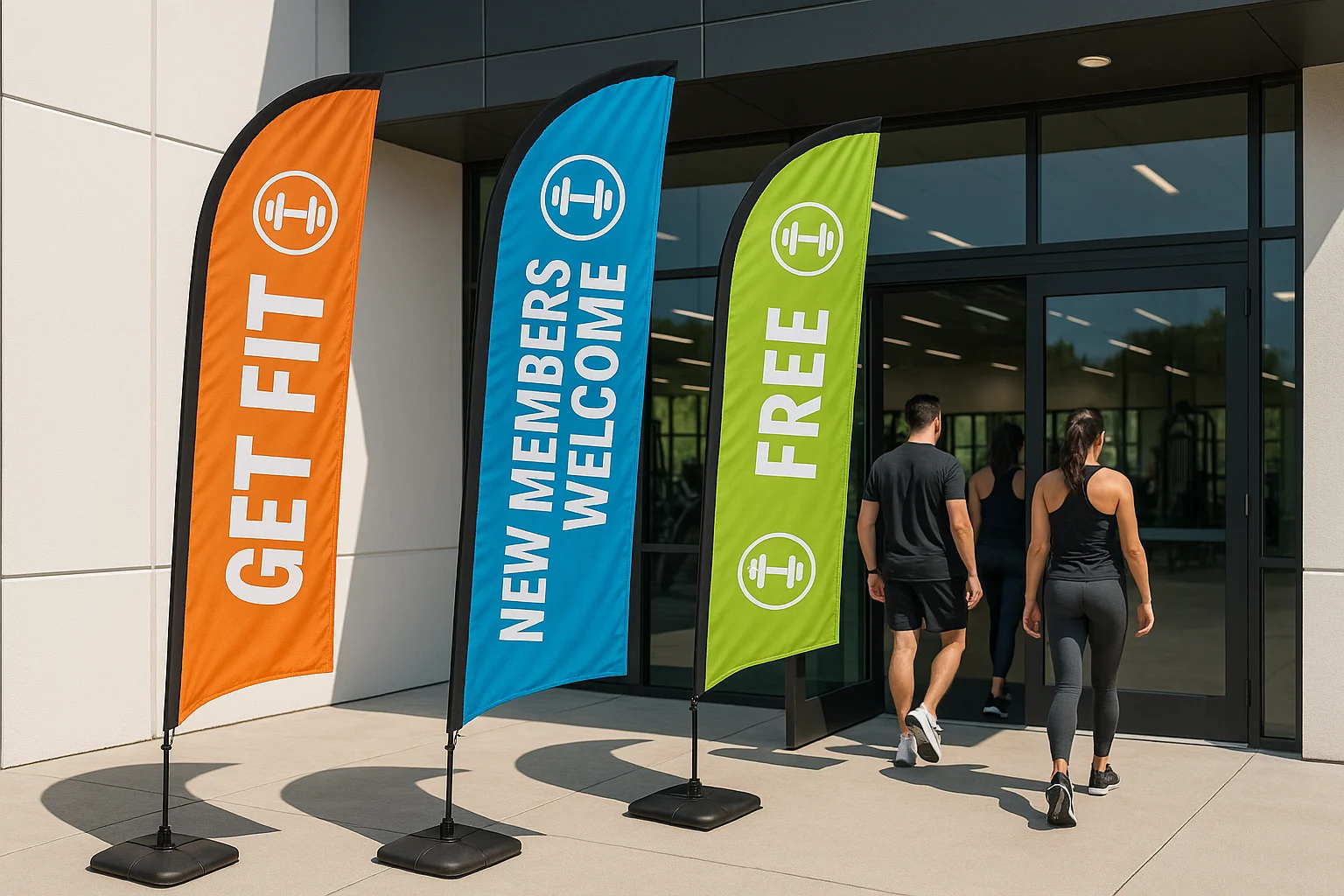 Modern gym entrance with energetic feather flags displaying fitness messages and new members entering