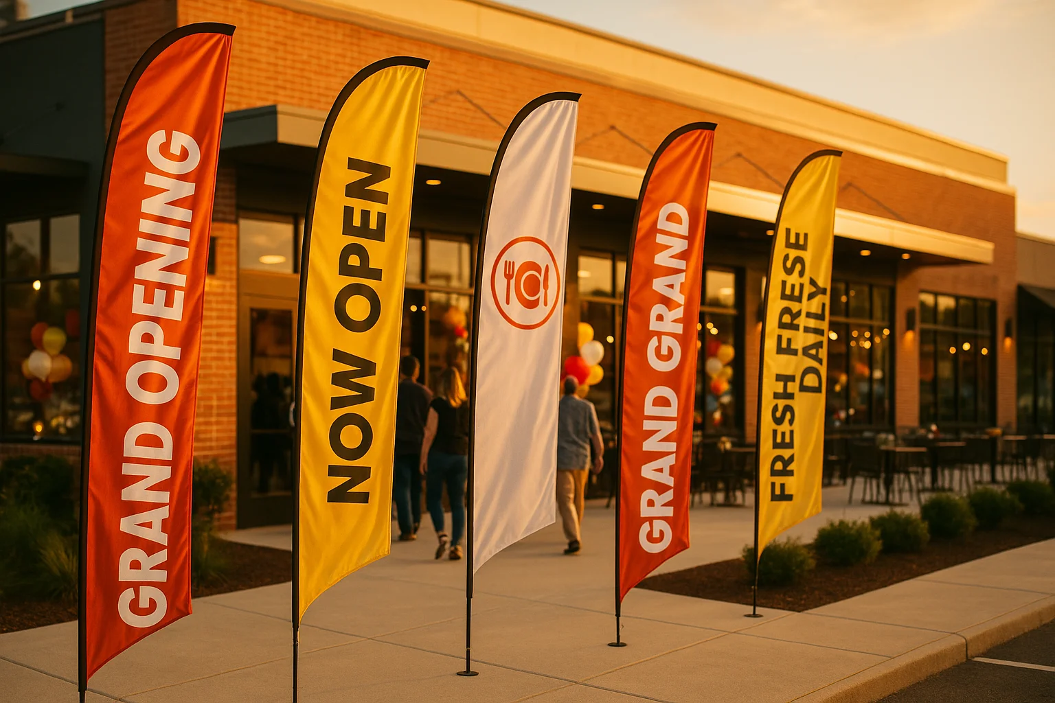 Restaurant grand opening with festive feather flags lining entrance and customers celebrating