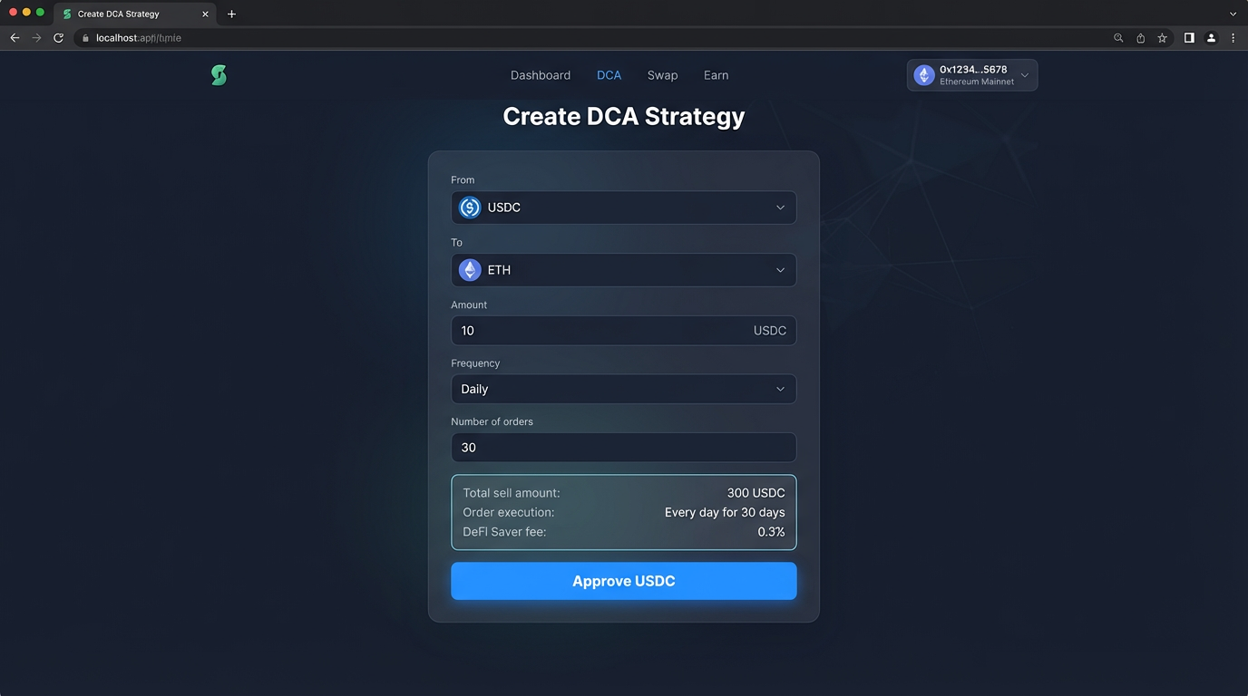Screenshot: Interface DCA de DeFi Saver remplie avec l'exemple
