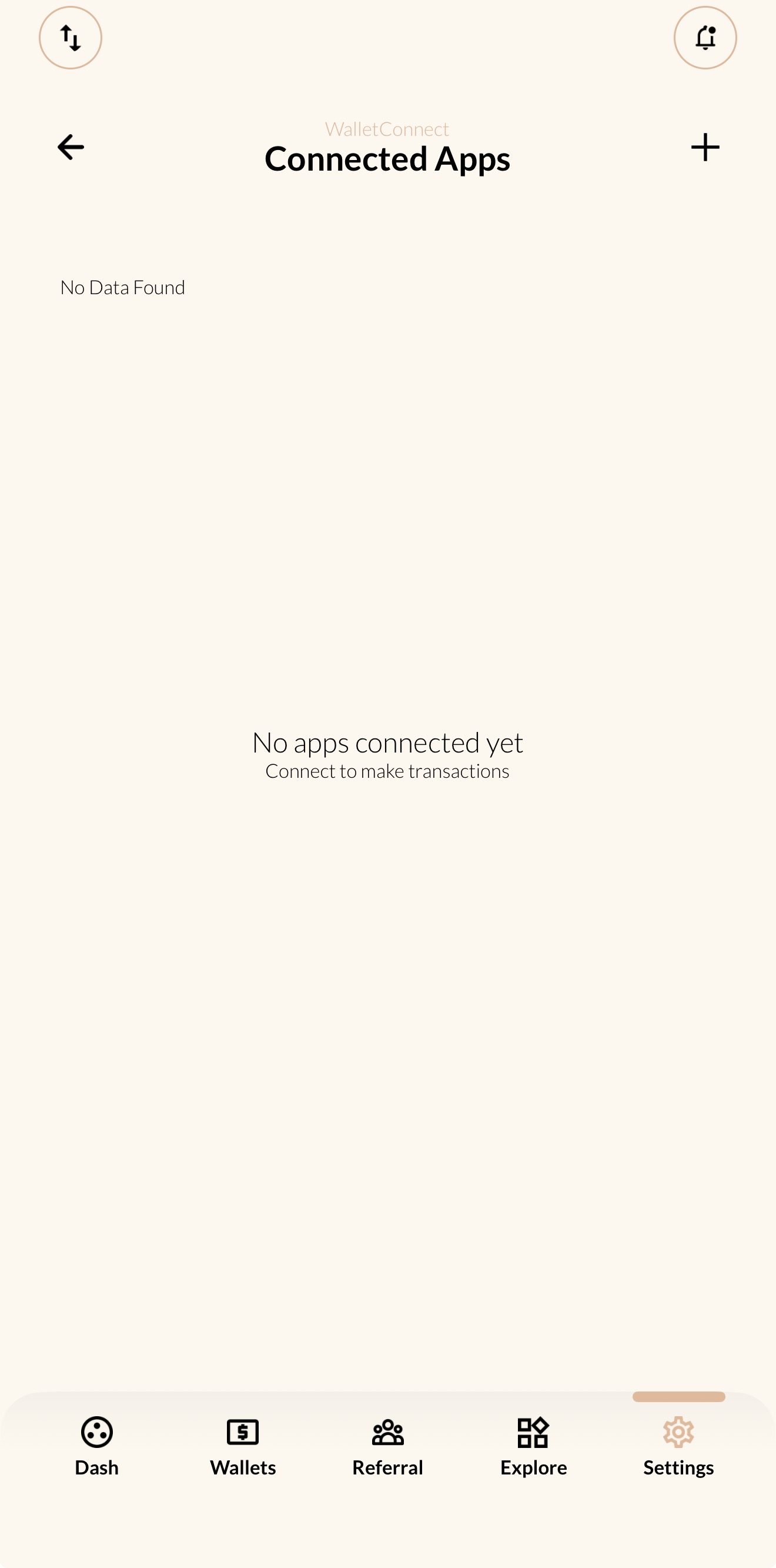 Screenshot: Interface de Sahal Wallet montrant le bouton WalletConnect