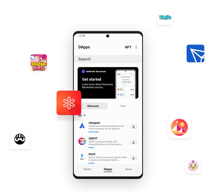 Interface da Samsung Wallet com integração de criptomoedas