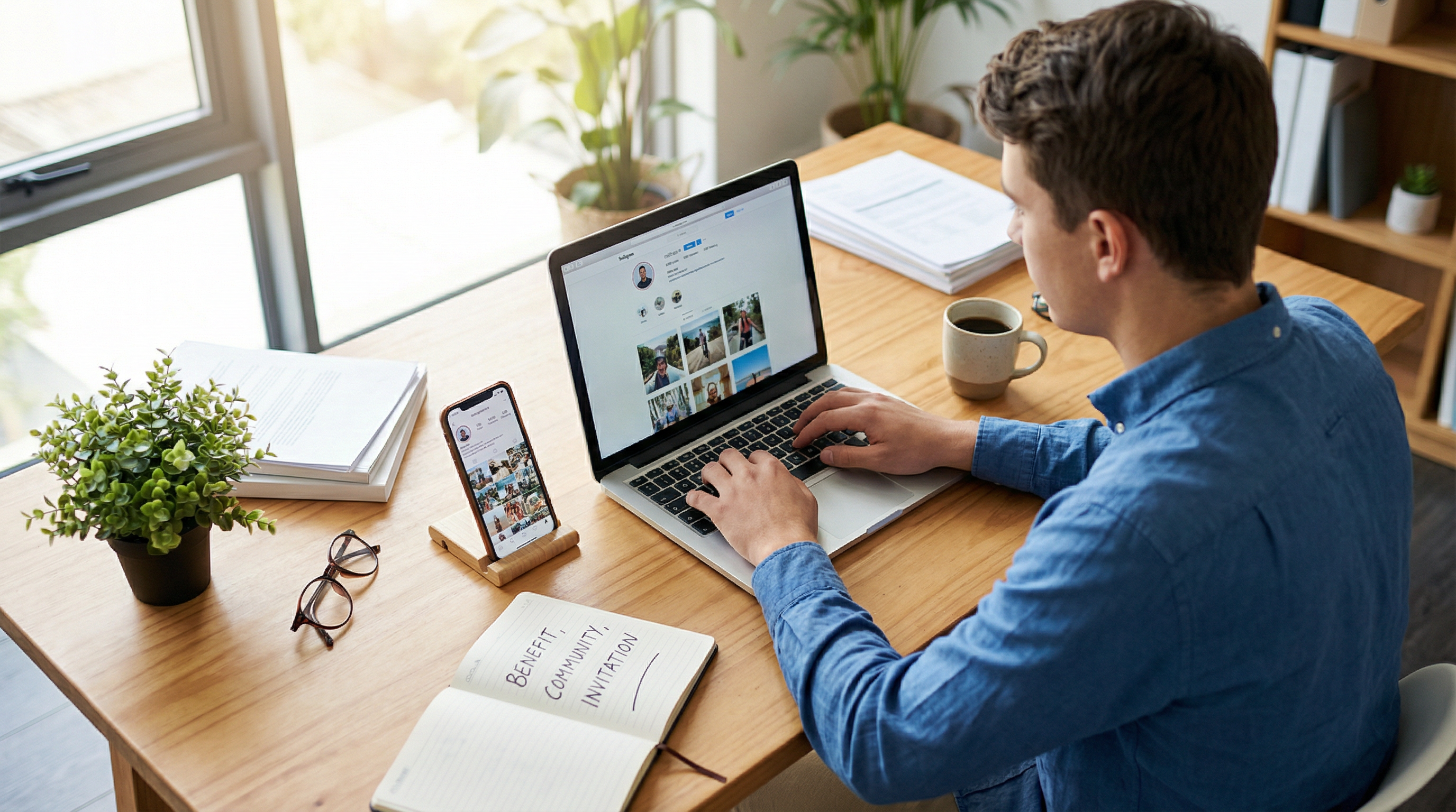 Pastor planning social media content with benefit, community, and invitation pillars