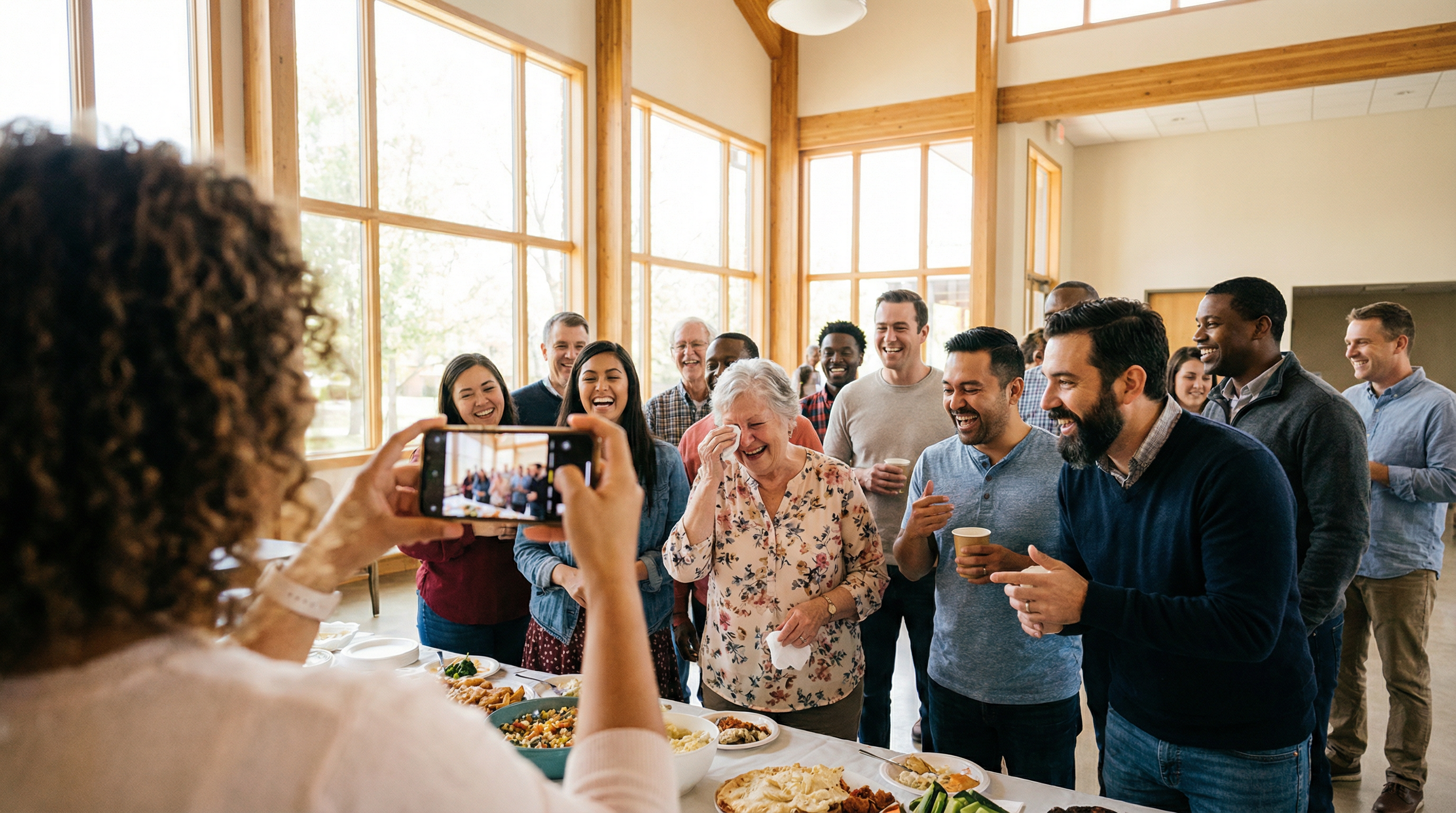 Authentic church community moment being captured for social media