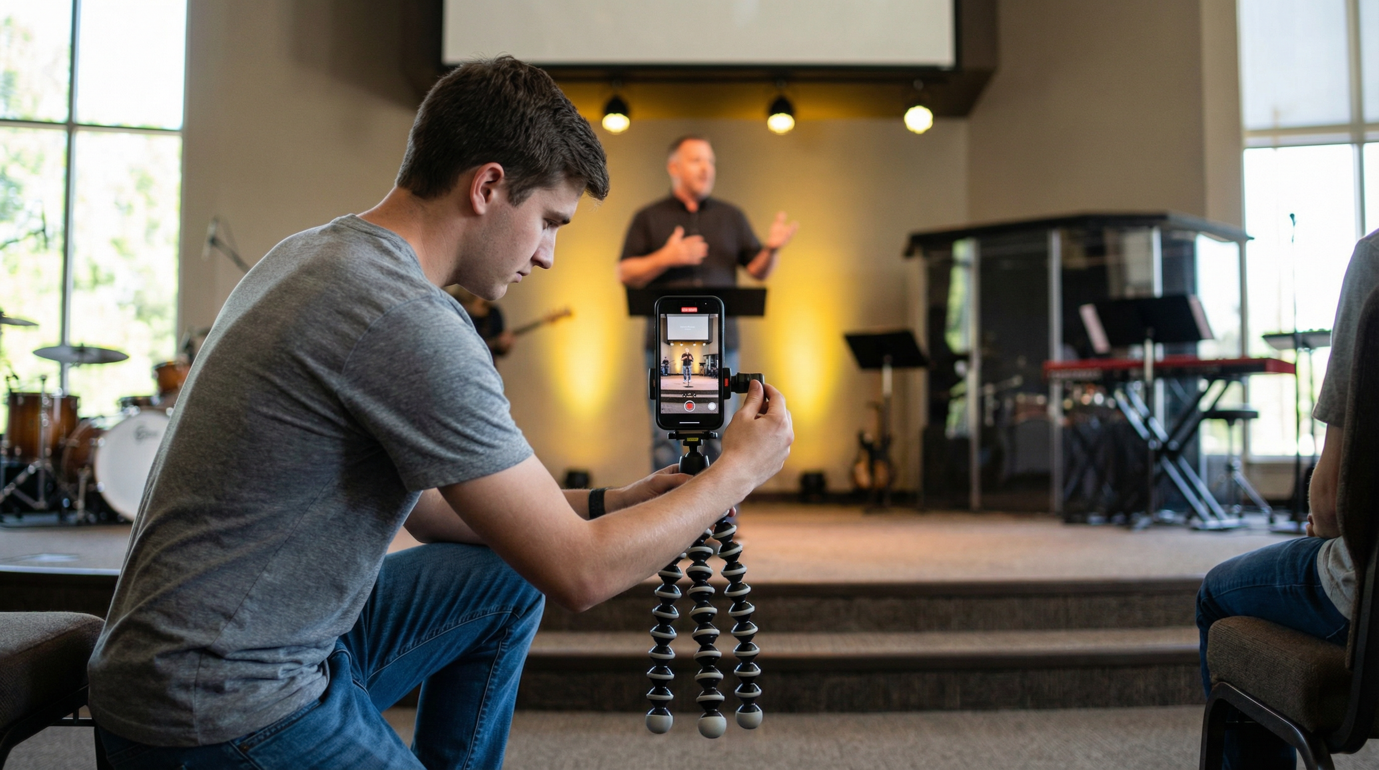 Church volunteer filming Sunday sermon with smartphone