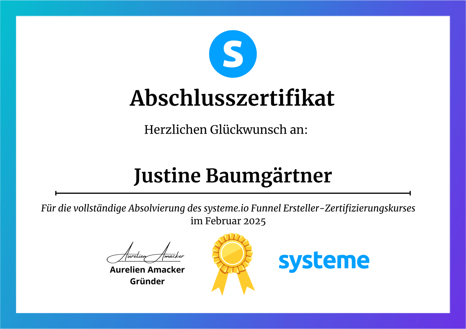 Abschlusszertifikat – systeme.io Funnel Ersteller-Zertifizierungskurs