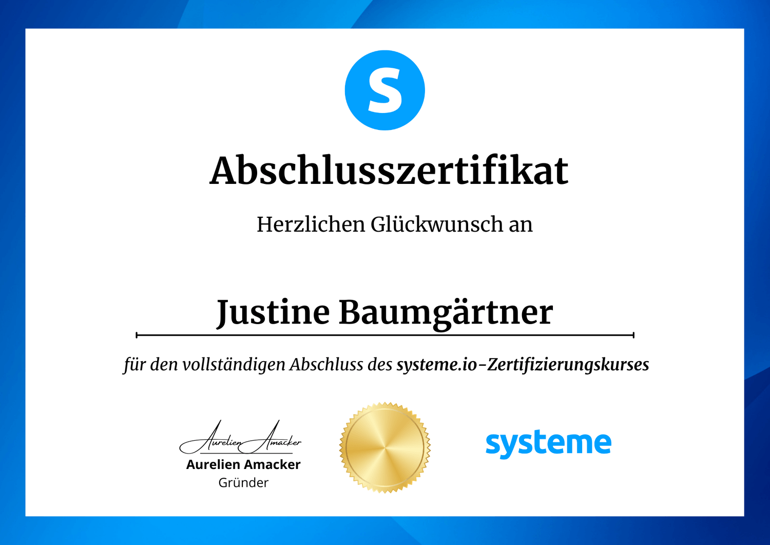 Abschlusszertifikat – systeme.io Zertifizierungskurs