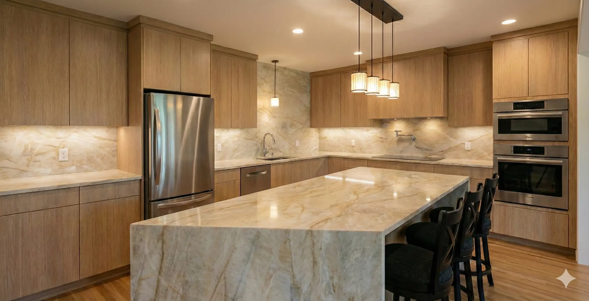 Kitchen with white oak cabinetry and creamy quartzite countertops
