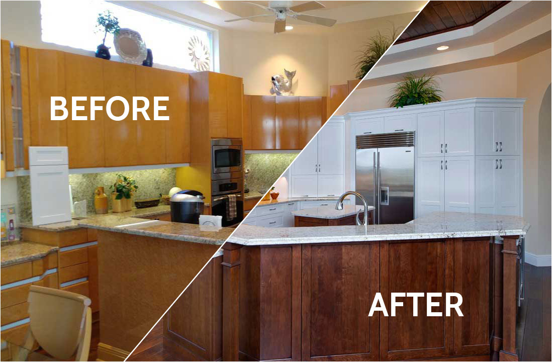 A before and after photo of a modern kitchen renovation