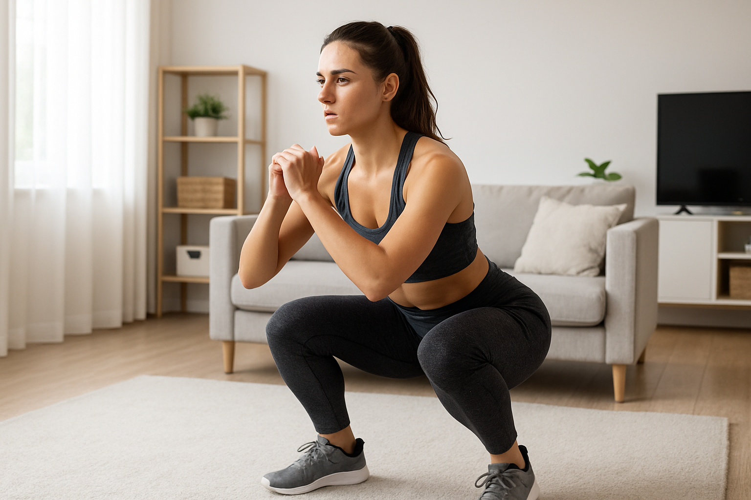 A fit woman doing a bodyweight squat at home