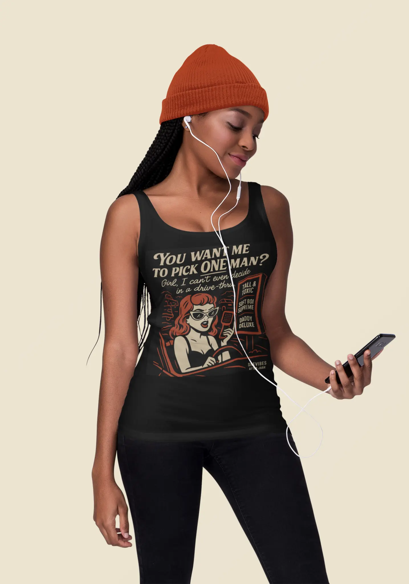 Funny Drive-Thru Quote Tank Top on model