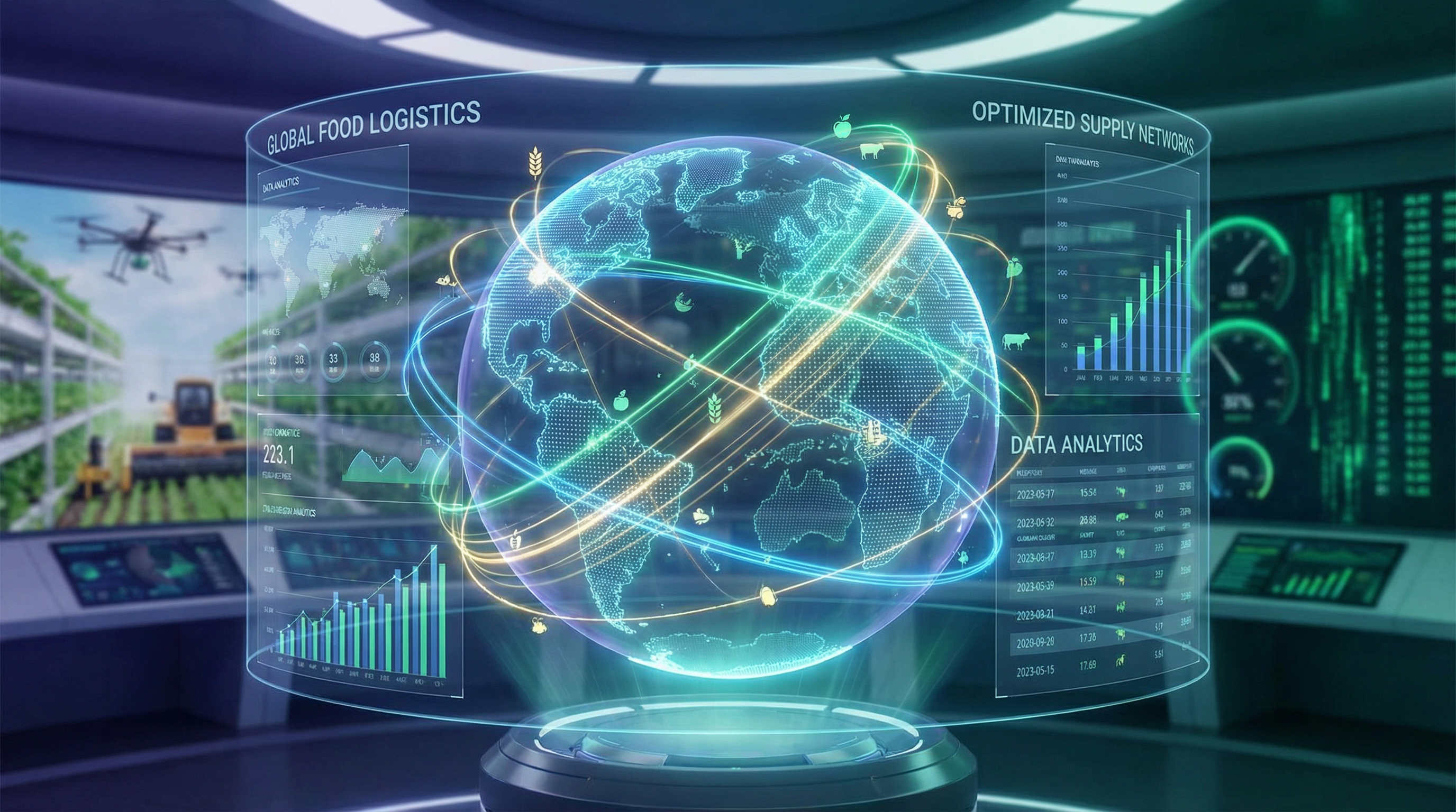 Một hình ảnh khái niệm về một mạng lưới hậu cần lương thực toàn cầu công nghệ cao, với một quả địa cầu kỹ thuật số hiển thị các chuỗi cung ứng liên kết.