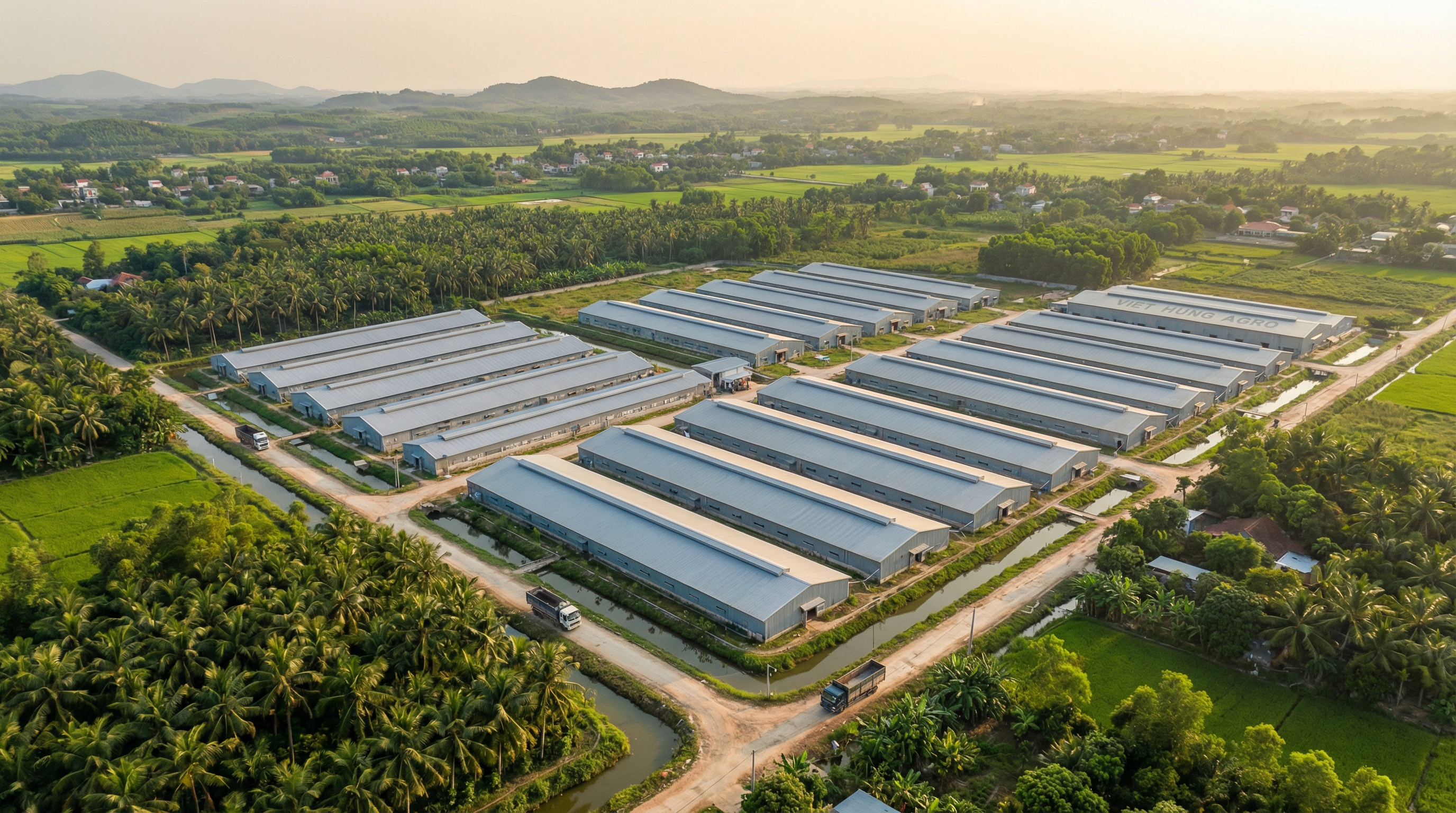 Toàn cảnh một cơ sở chăn nuôi heo hiện đại, đại diện cho các đơn vị sản xuất có thể mở rộng trong tầm nhìn toàn cầu của Trackfarm.