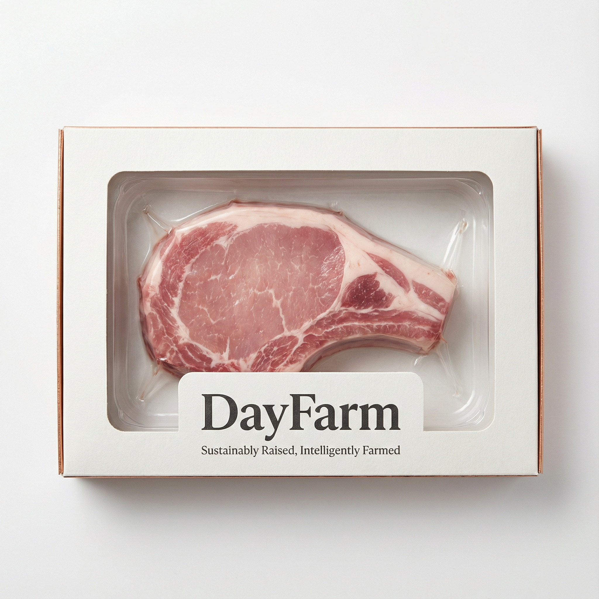 A clean, minimalist package of premium DayFarm pork, showcasing the fresh product through a clear window.