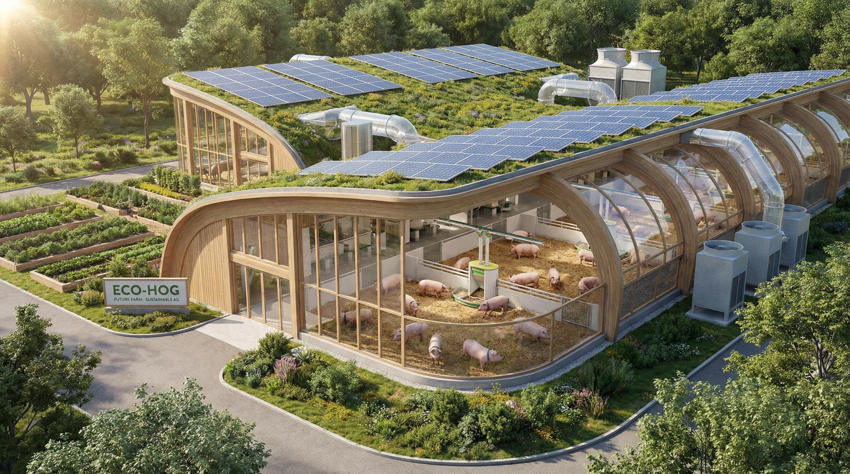 A conceptual image representing a sustainable and transparent food future, with green fields and clean energy.