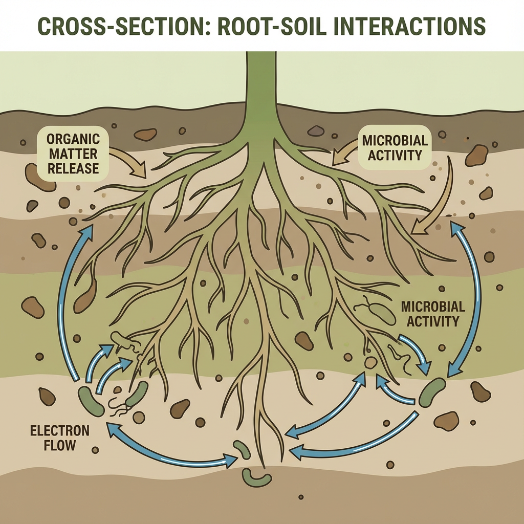 แผนภาพแสดงการทำงานของระบบ Plant-MFC และการถ่ายโอนอิเล็กตรอน