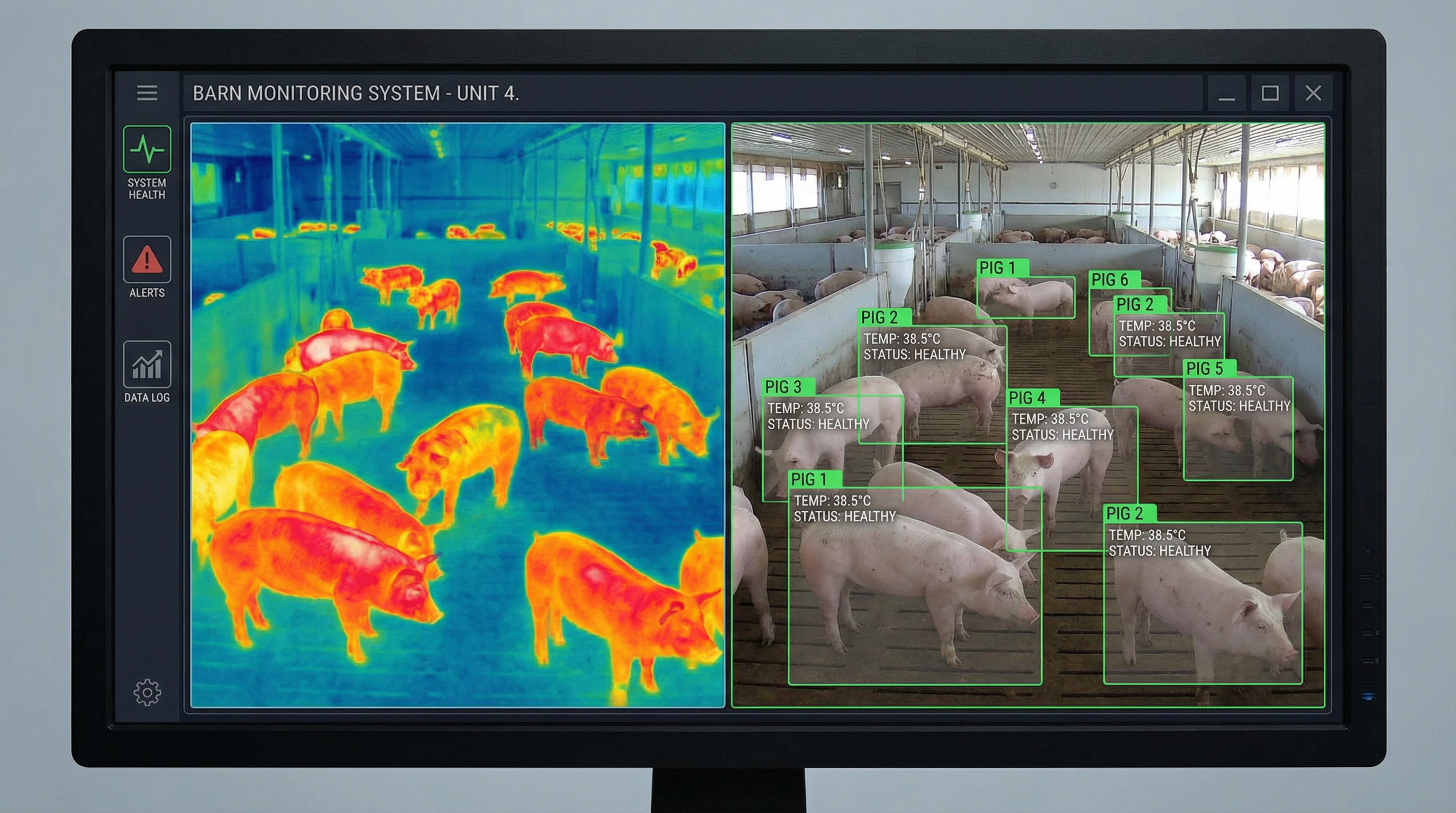 A monitoring system interface showing a split-screen view of pigs with both thermal imaging and standard video with AI detection boxes.