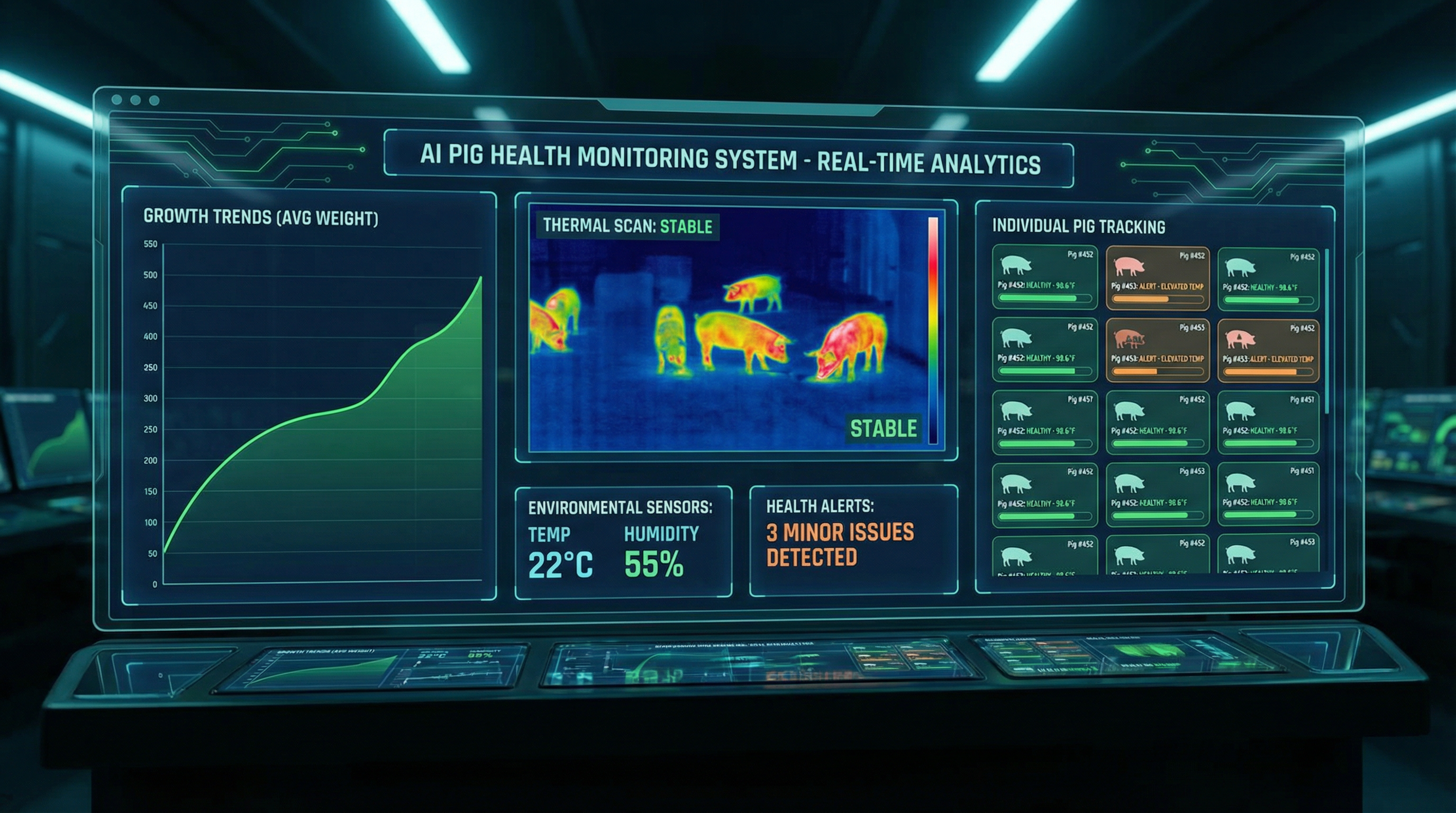 An AI-powered pig health monitoring dashboard showing real-time analytics, thermal scans, and individual pig tracking.