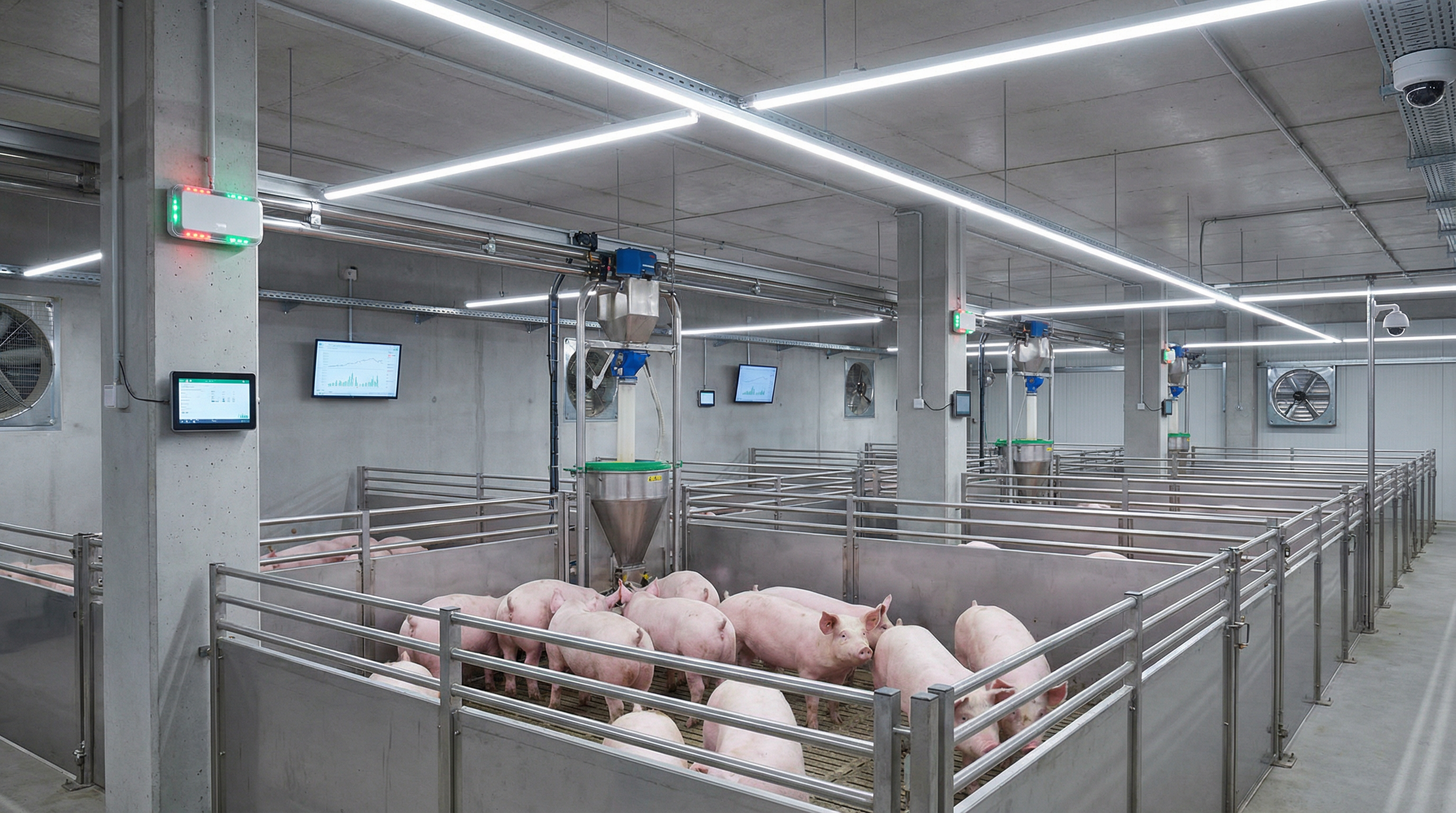 The clean, automated, and efficient interior of a modern smart pig farm managed by Trackfarm's technology.