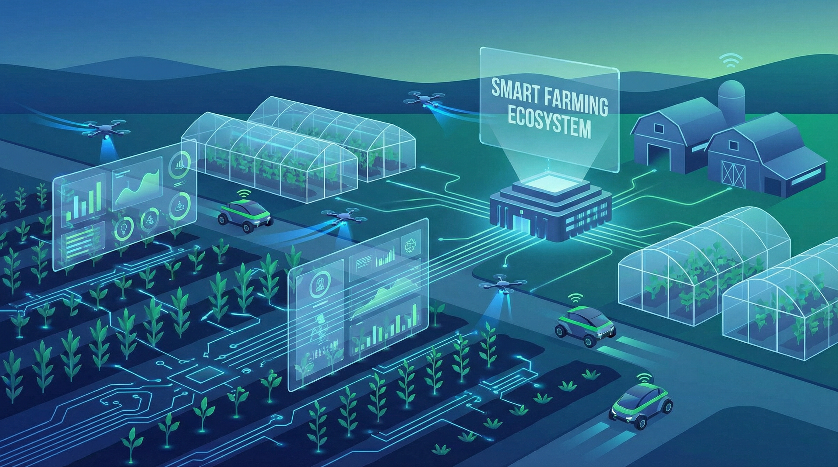 A conceptual illustration of a smart farming ecosystem, showing how technology enables large-scale, efficient operations.