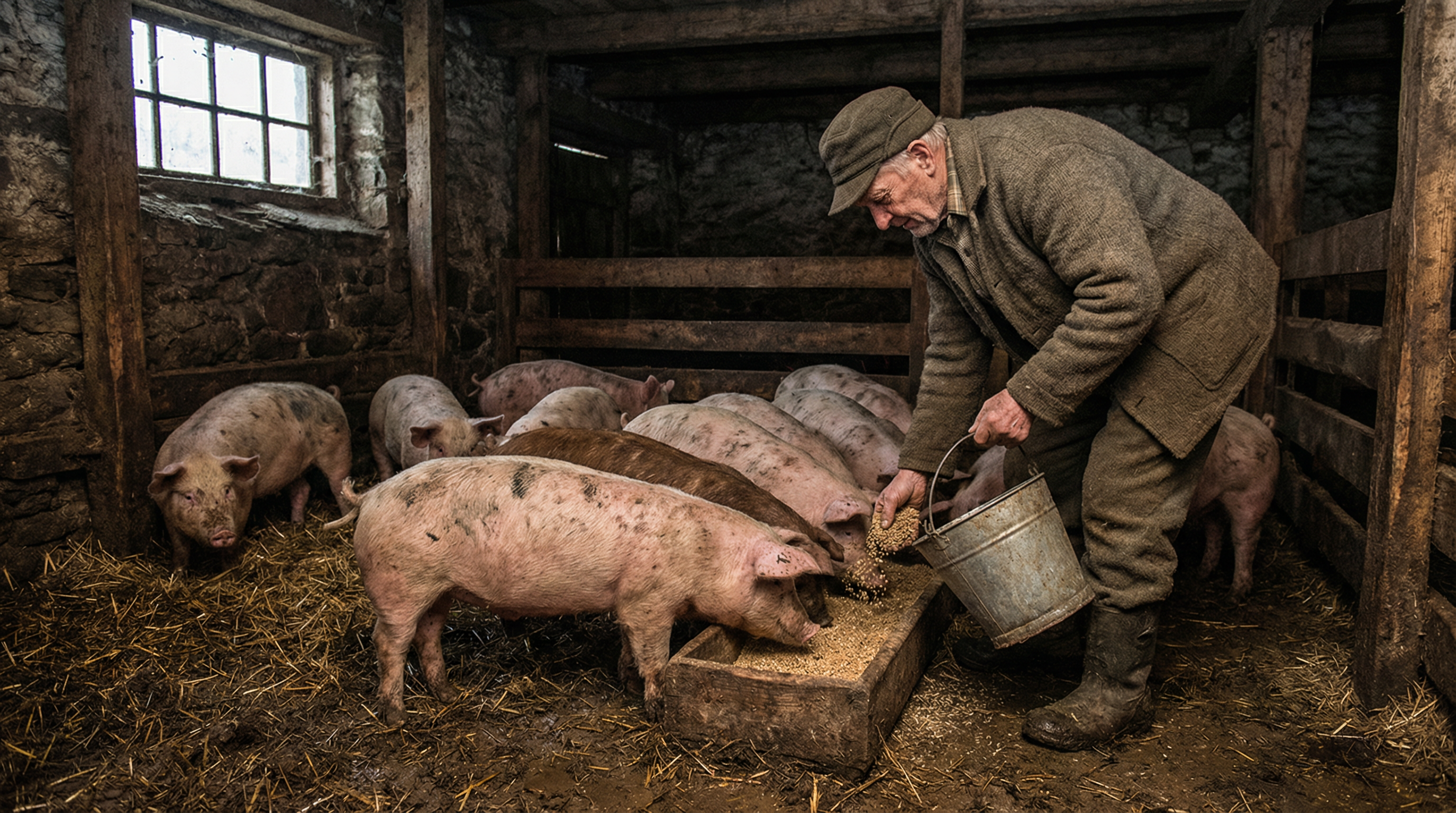 A photograph depicting the hard manual labor of a farmer in a traditional, old-fashioned pig barn.