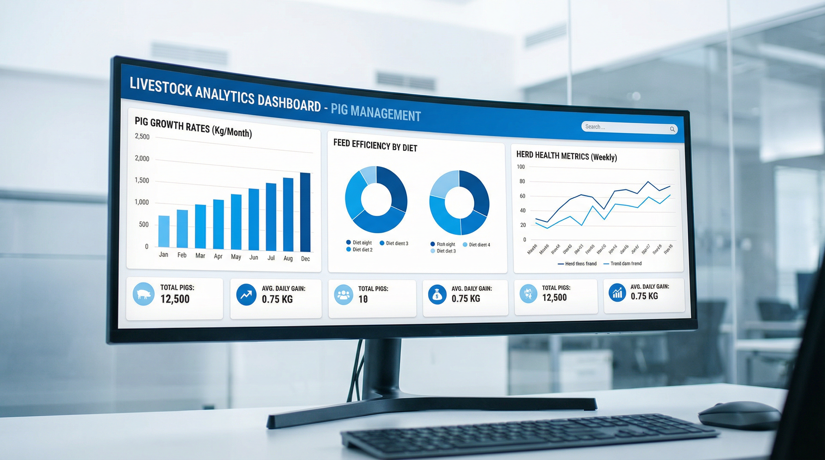 A livestock analytics dashboard on a monitor, displaying pig growth rates, feed efficiency, and herd health metrics.