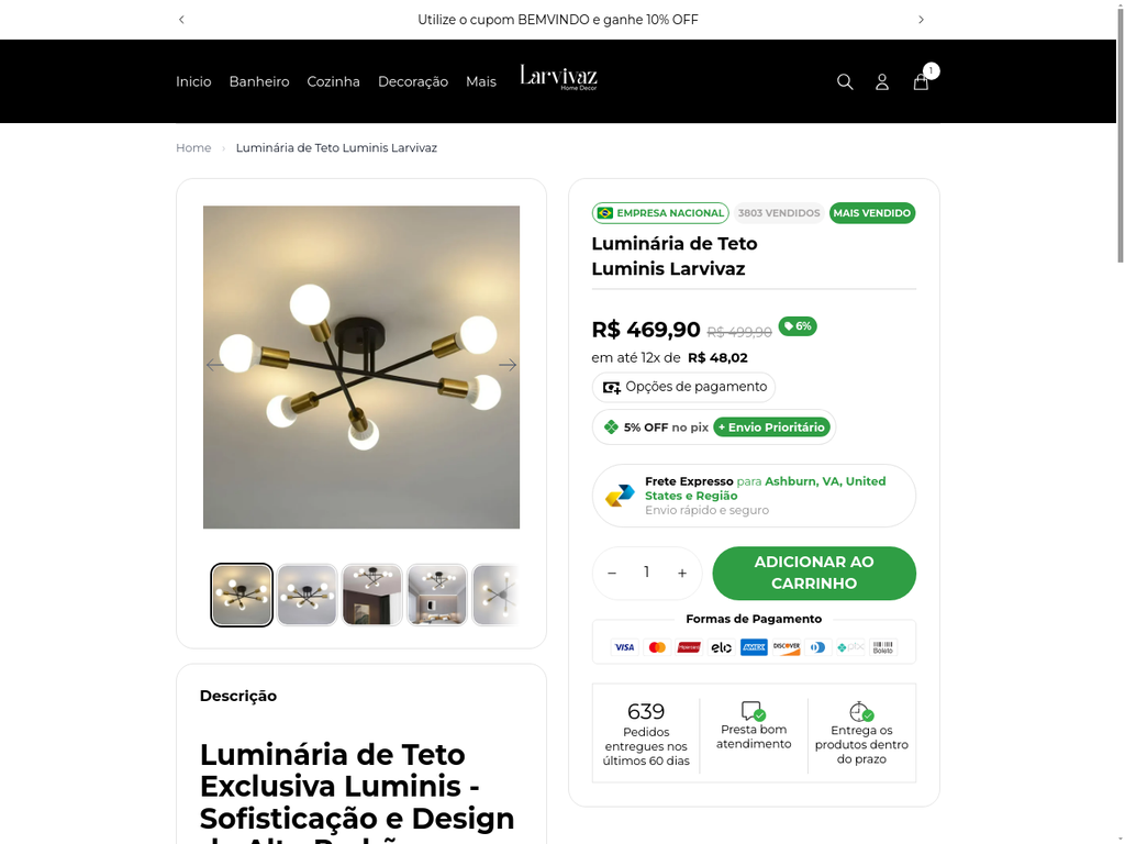 Página de Produto da Larvivaz com detalhes e preço da Luminária