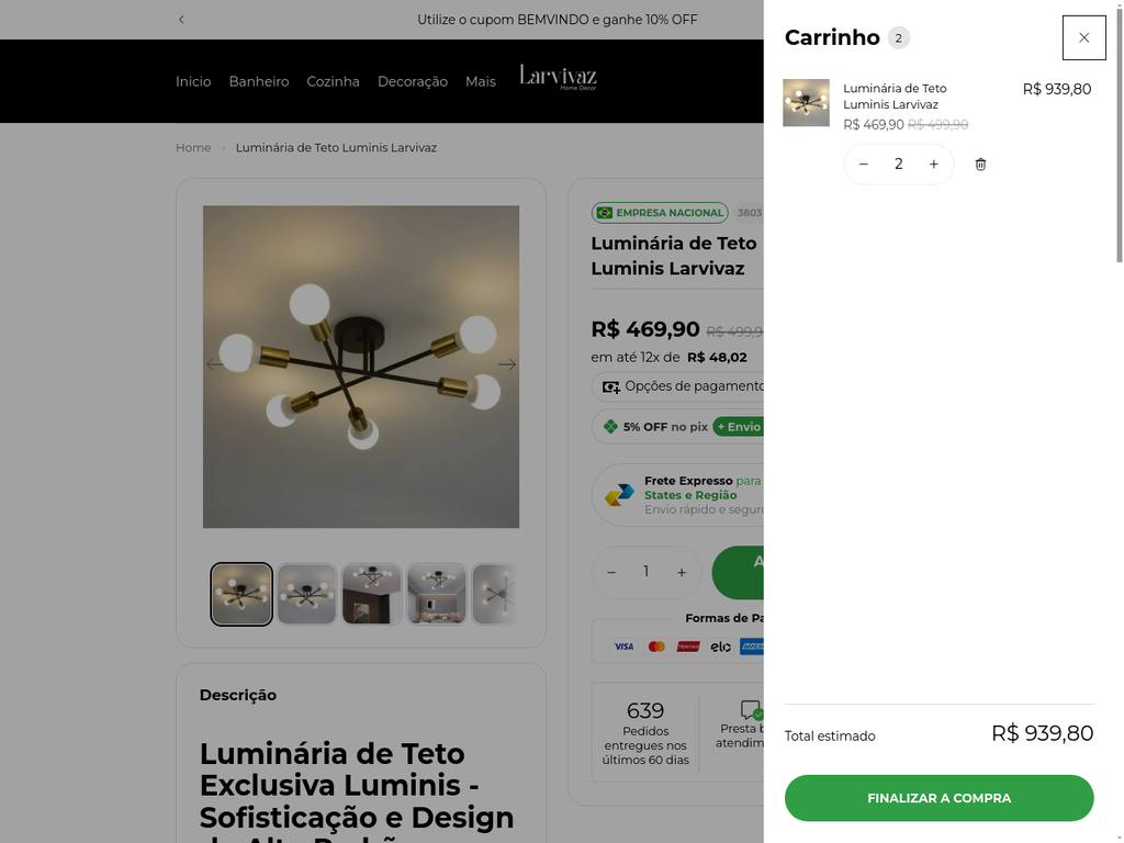 Pop-up do carrinho de compras da Larvivaz após adicionar o produto