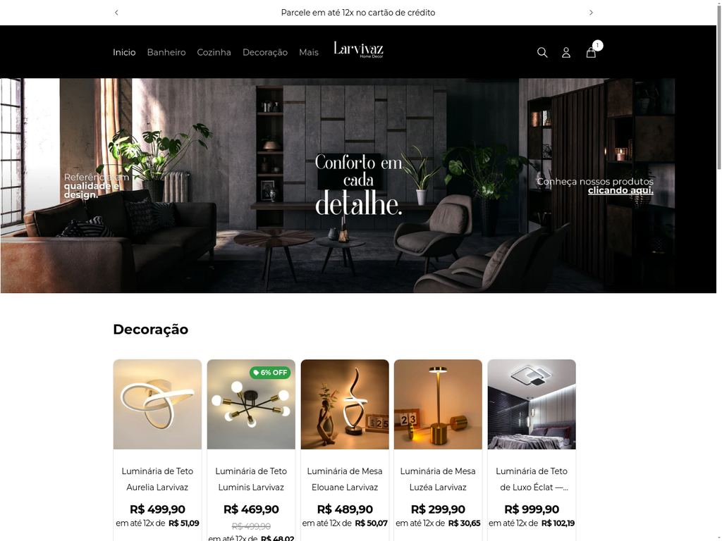 Página Inicial da Larvivaz com destaque para o catálogo de produtos