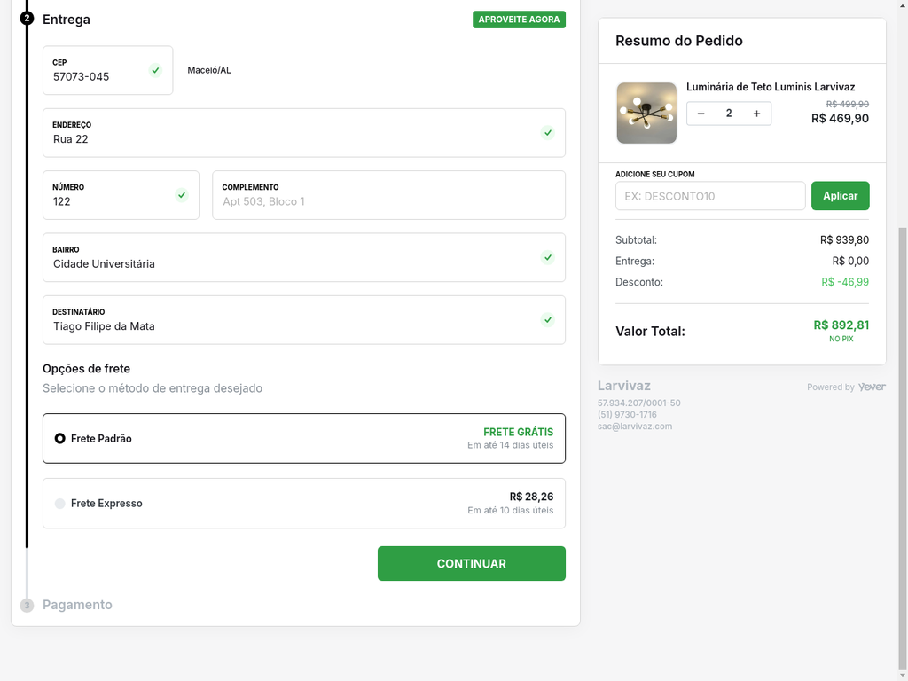 Tela de Opções de Frete no Checkout da Larvivaz, mostrando Frete Padrão Grátis