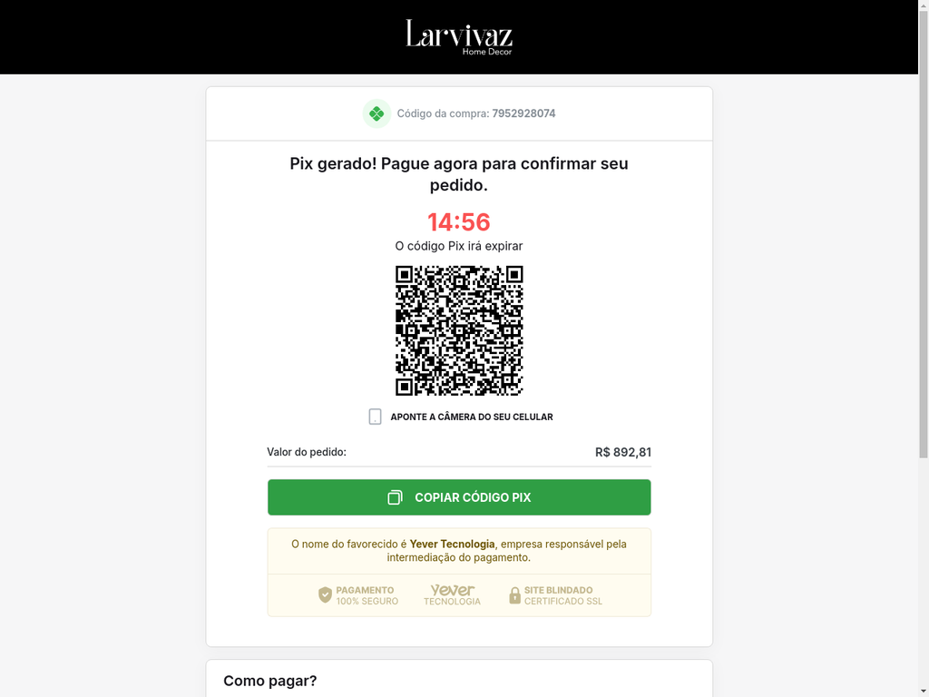 Tela de Pagamento Pix da Larvivaz com QR Code e botão Copiar Código Pix - Parte 1