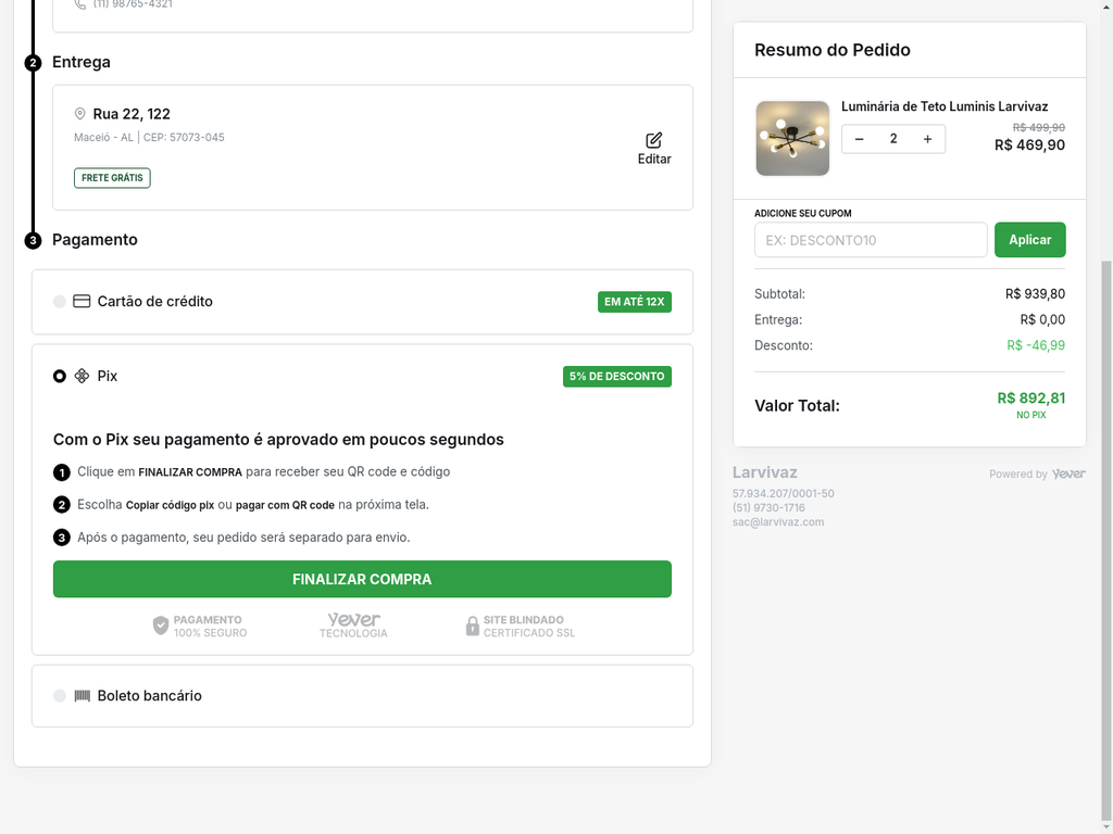 Tela de Opções de Pagamento no Checkout da Larvivaz, com destaque para o Pix com 5% de desconto