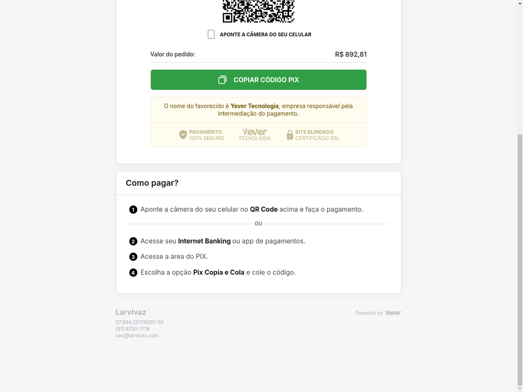Tela de Pagamento Pix da Larvivaz com instruções de como pagar - Parte 2