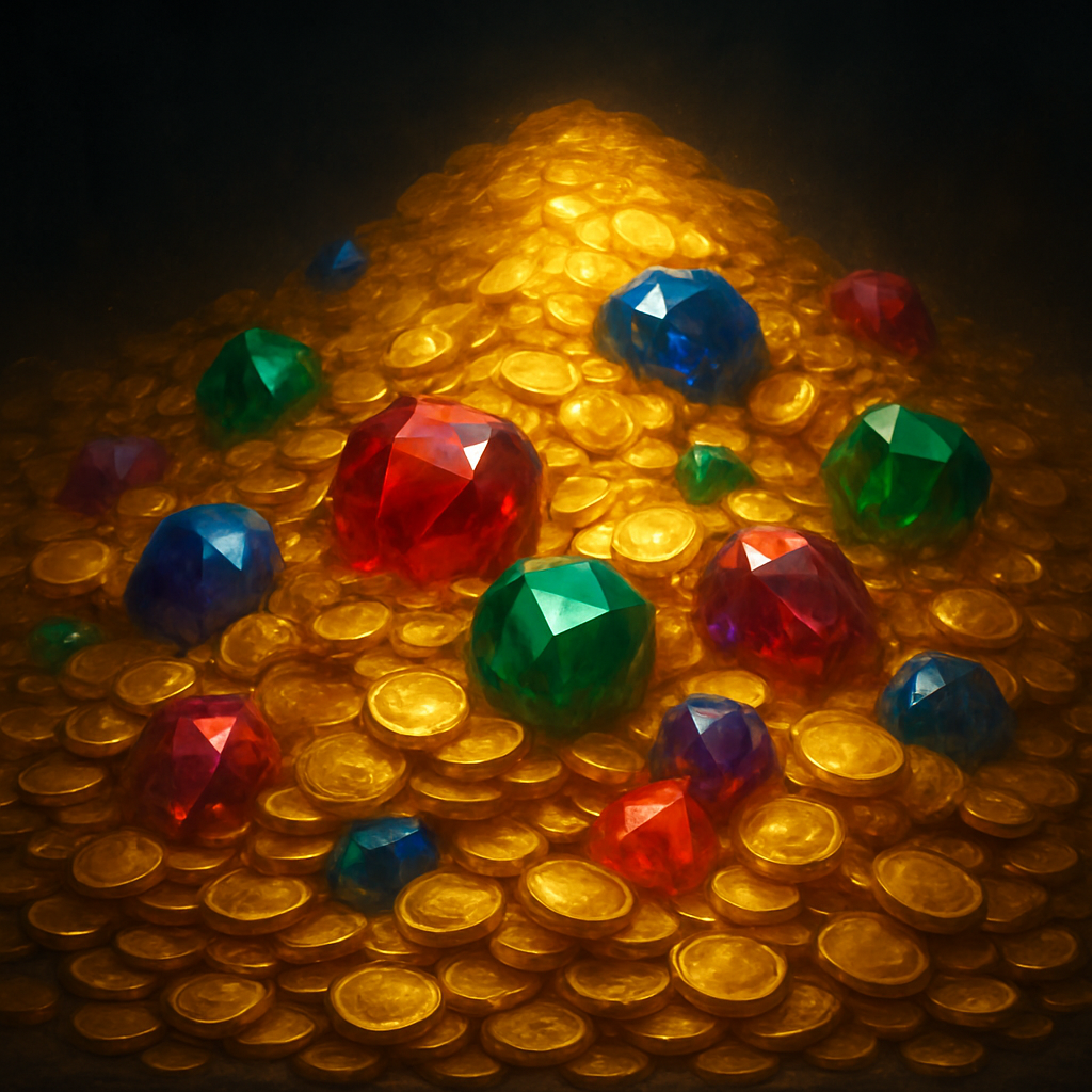 AI-generated image of a massive pile of gold coins and colorful gems, symbolizing unlimited resources.