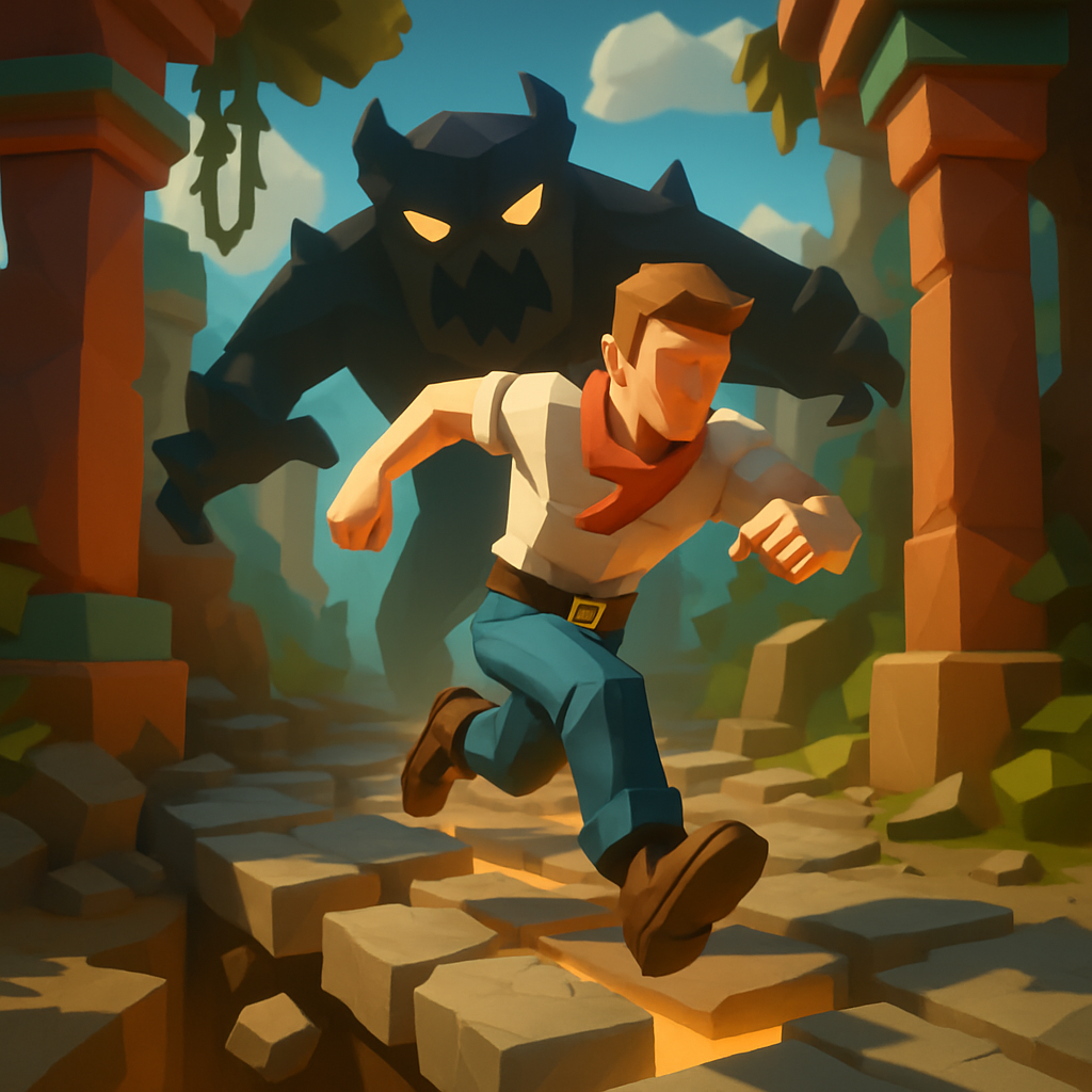 AI-generated image of a character running from a monster in a temple, symbolizing the endless runner gameplay.