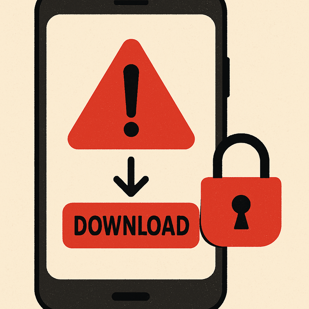 AI-generated image of a warning sign on a smartphone screen next to a padlock, symbolizing security risks.